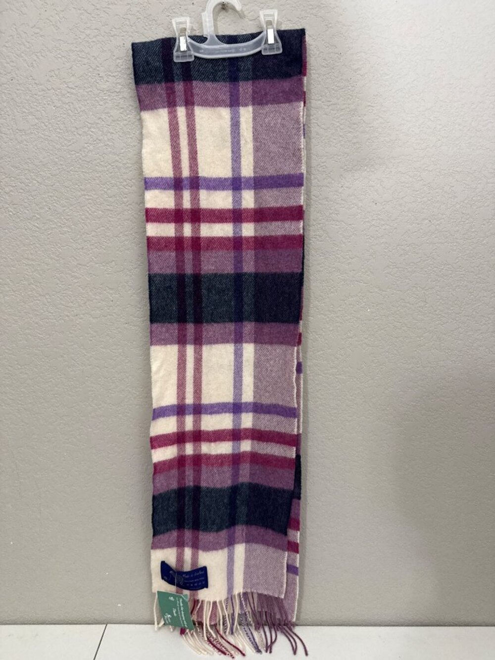 Plaid Wool Scarf Made In Ireland 100% Pure New Wool Purple Pink Beige With Fring
